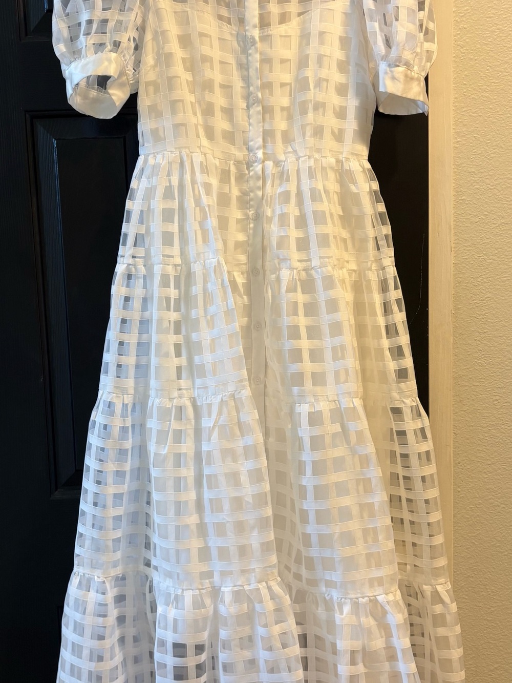 English Factory White Checked Tiered Midi Dress
